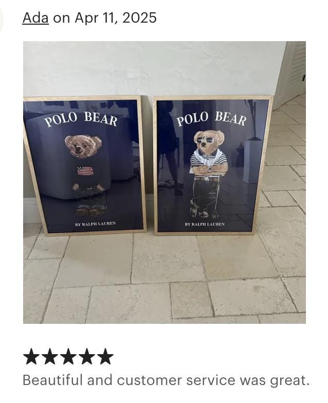 Framed Polo Bear posters by Ralph Lauren with vintage teddy bear illustrations on tile floor.