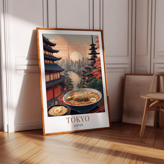 Tokyo Japan art poster featuring ramen bowls, cityscape, and traditional pagodas in a modern room