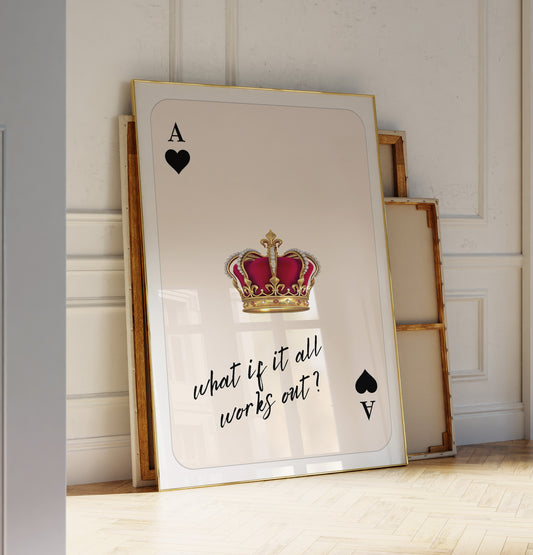 Framed artwork with a crown and text on a light background