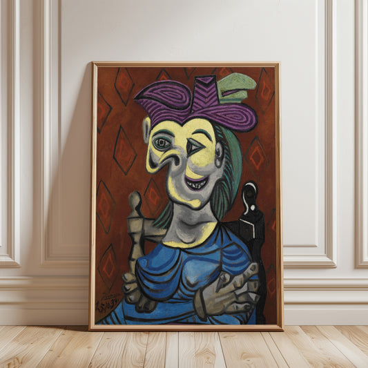 Framed artwork of a stylized figure with a purple hat on a wooden floor.