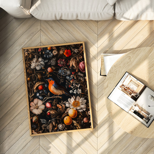 Colourful Vintage Botanical Bird & Fruit Print