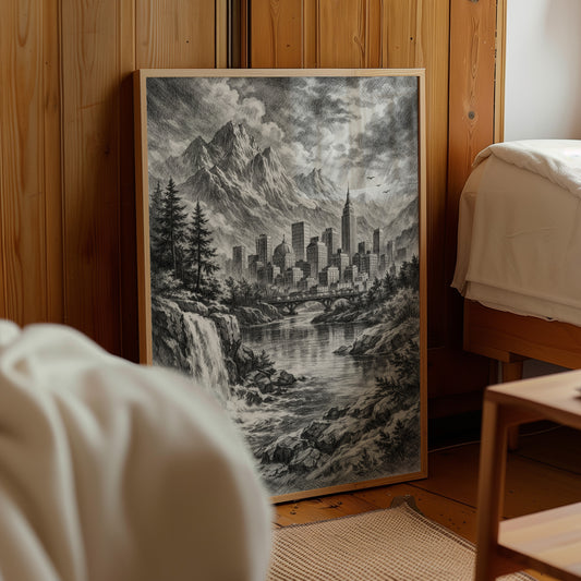 Graphite Mountain Metropolis Sketch Wall Art