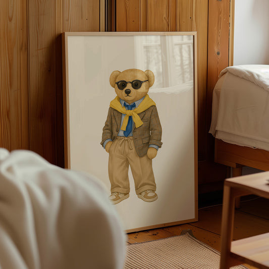 Framed artwork of a teddy bear wearing sunglasses and a suit in a room with wooden walls.