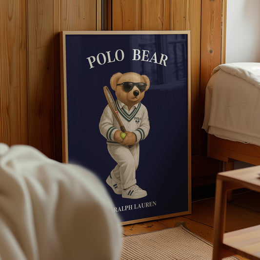 Blue Tennis Mascot Bear Poster