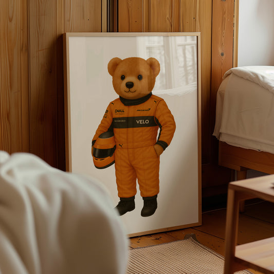 Orange Racing Teddy Bear Poster
