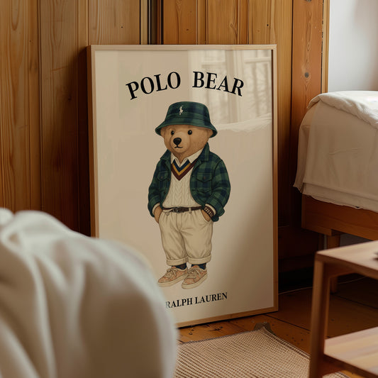 Framed poster of Bear in a room with wooden walls and furniture.