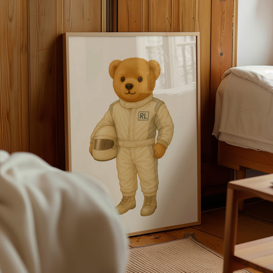 Framed picture of a teddy bear in a driver suit on a wooden wall.