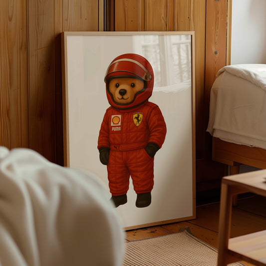 Framed illustration of a teddy bear in an driver suit on a wooden wall.