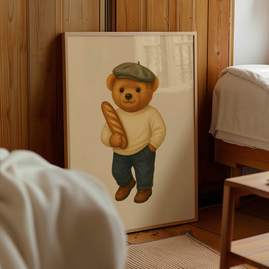 Framed illustration of a teddy bear holding a baguette in a room with wooden walls and furniture.