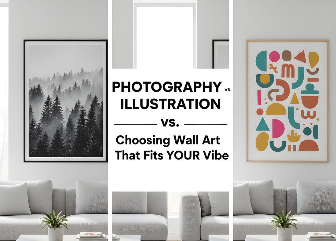 Side-by-side modern living rooms with wall art: misty forest photography and colorful abstract illustration.