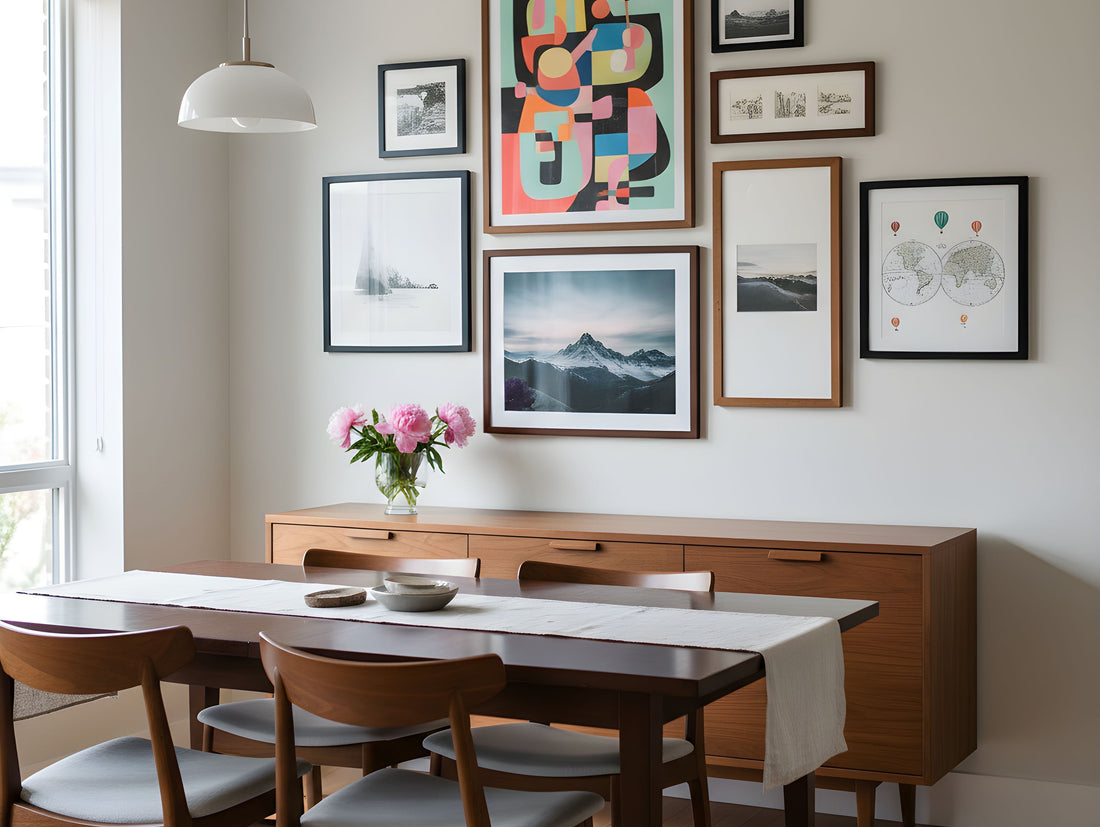 Modern dining room with minimalist wooden furniture and gallery wall of framed posters