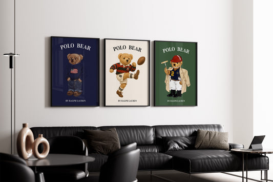 Modern living room with three framed Polo Bear posters above a black leather sofa