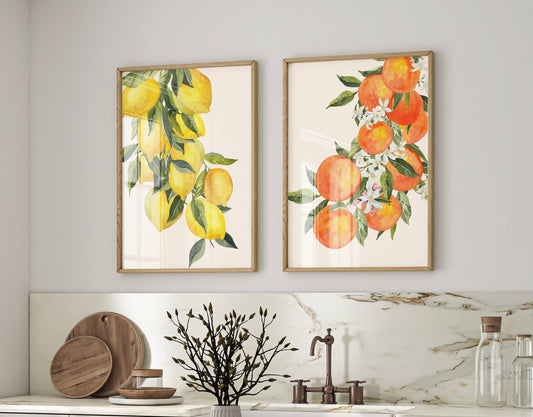 Kitchen wall with minimalist fruit posters featuring lemons and oranges in wooden frames