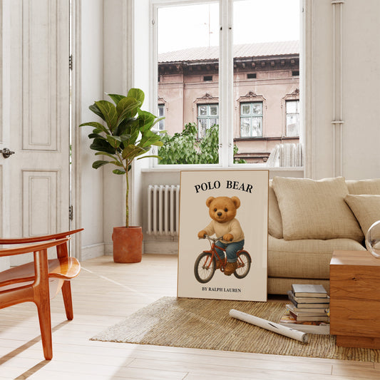 Polo Bear poster on floor in cozy living room with modern minimalist decor and natural light