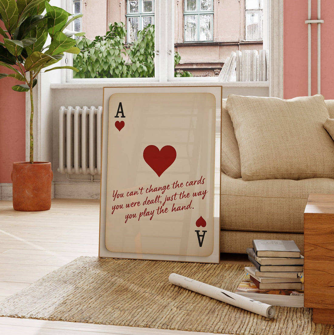 Ace of hearts poster with inspirational quote, modern living room decor, minimalist wall art