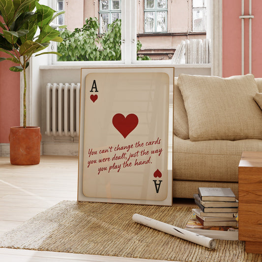 Ace of hearts poster with inspirational quote, modern living room decor, minimalist wall art