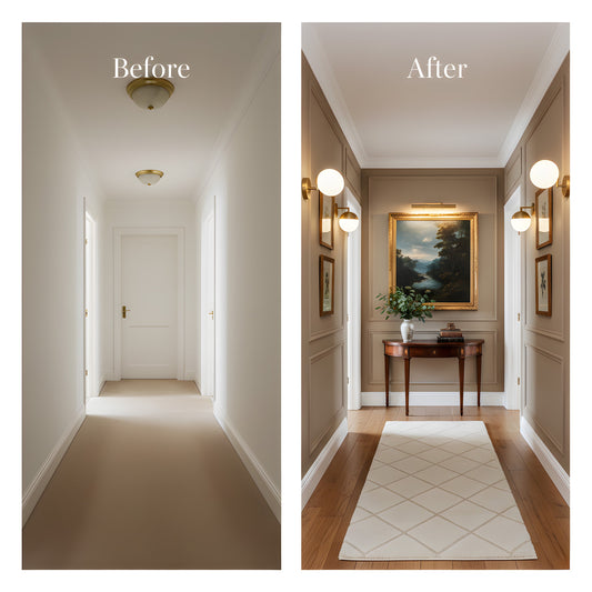 Before and after photo of a hallway transformation with wall art, classic decor, and improved lighting