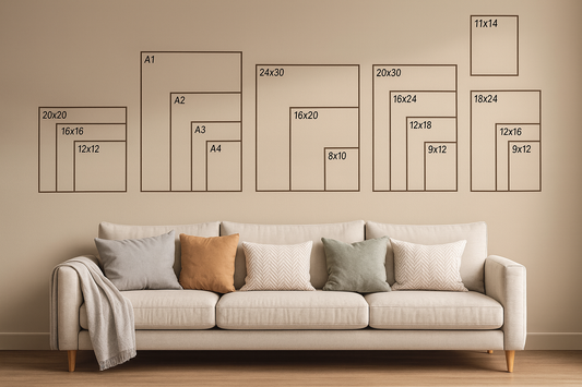 Poster size guide wall art above beige sofa with neutral throw pillows, minimalist decor