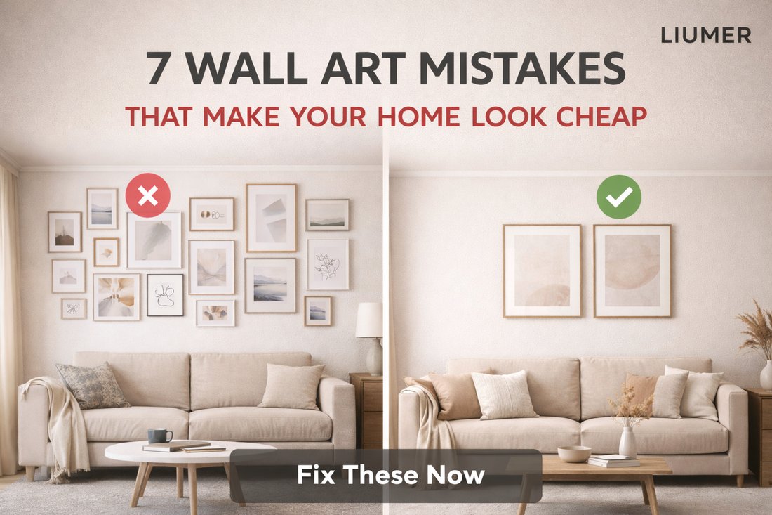 Side-by-side comparison of cluttered versus minimalist wall art in modern living room decor