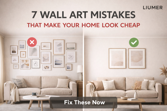 Side-by-side comparison of cluttered versus minimalist wall art in modern living room decor