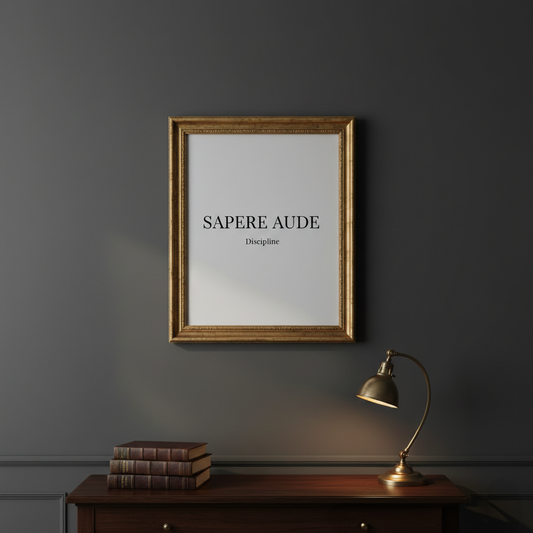 Framed motivational poster reading 'Sapere Aude Discipline' on a dark wall above classic desk.