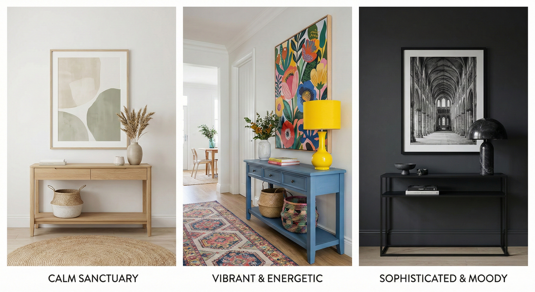 Three interior styles featuring wall art: minimalist abstract poster, colorful floral poster, black and white architectural print.