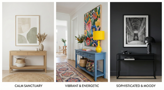 Three interior styles featuring wall art: minimalist abstract poster, colorful floral poster, black and white architectural print.