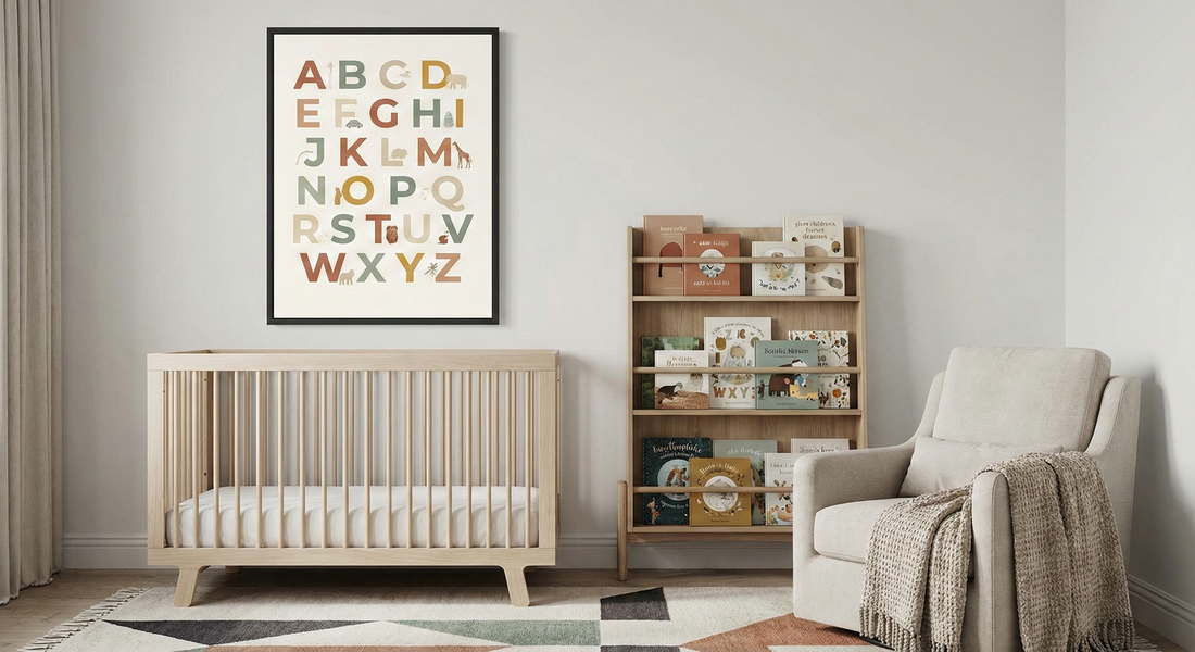 Modern nursery with wooden crib, alphabet animal wall art poster, bookshelf, and armchair