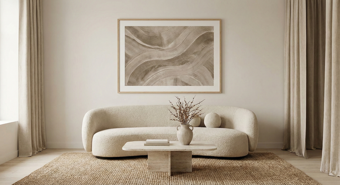Minimalist beige living room with abstract wall art, curved sofa, and textured rug