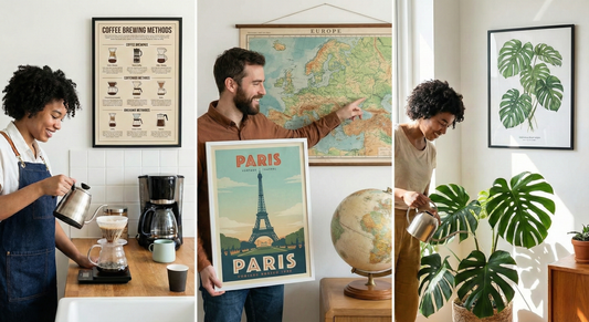 Collage of vintage and modern posters, kitchen coffee brewing, Europe map, Paris Eiffel Tower art, and botanical wall print in stylish interiors.