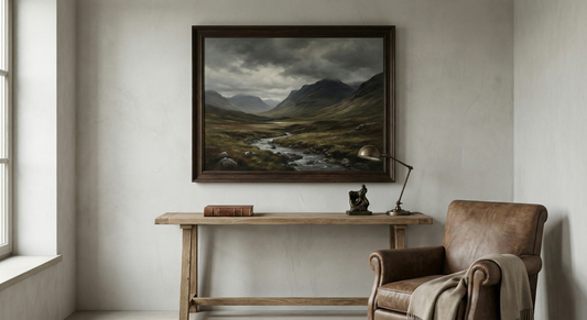 Framed landscape poster of a mountain valley and stream in a minimalist living room