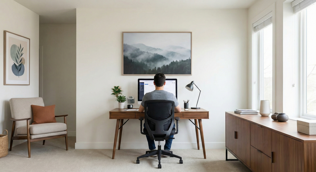 Modern minimalist home office with wooden desk, wall art, and natural light
