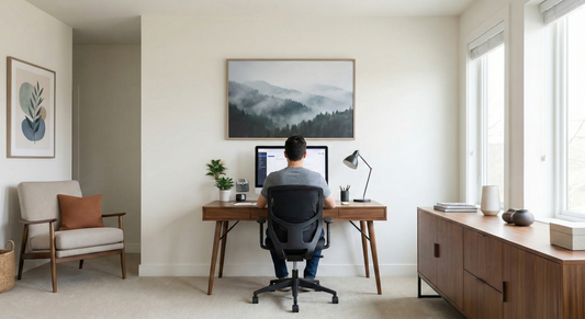 Modern minimalist home office with wooden desk, wall art, and natural light