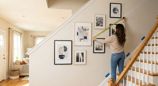 Woman measuring staircase wall to arrange modern minimalist art posters in home interior