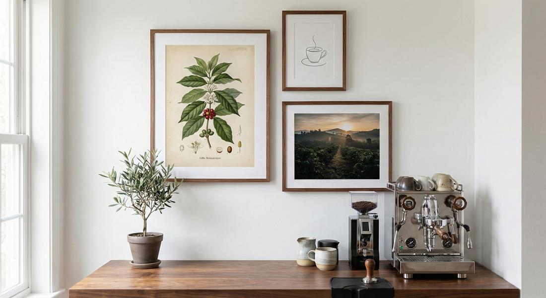 Modern minimalist coffee station with espresso machine, potted plant, and framed coffee-themed wall art.
