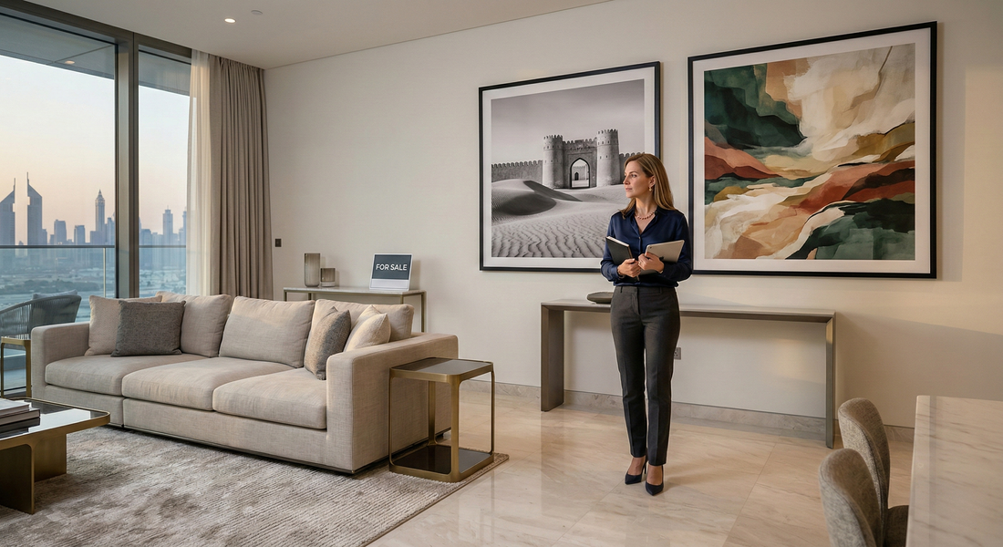 Modern living room with large minimalist posters, city view, and a person standing by art