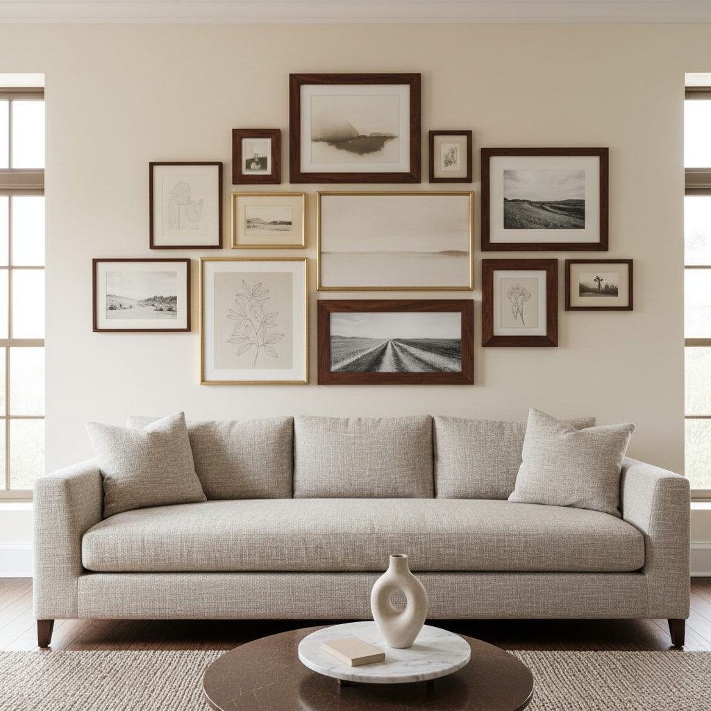 Modern living room with neutral sofa, coffee table, and minimalist wall art gallery