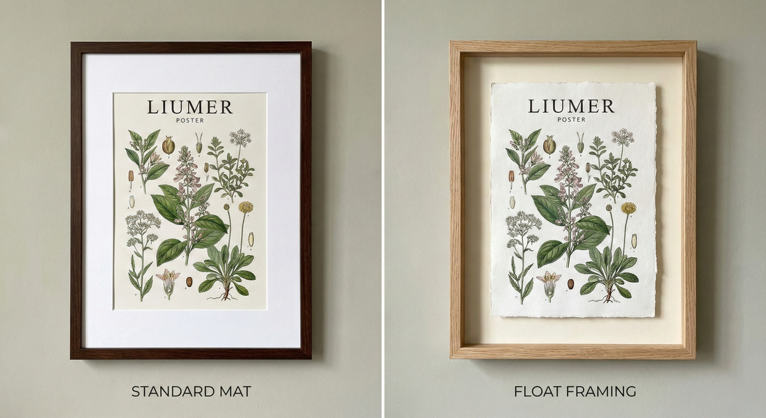 Botanical poster with wildflowers in standard mat and float framing, minimalist wall art comparison.