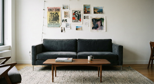 Modern living room with a grey sofa, wooden coffee table, and aesthetic wall art posters