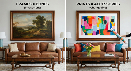 Side by side comparison of living rooms: one with a classic landscape wall art, one with colorful abstract poster in the same frame, demonstrating how changing prints updates home decor.