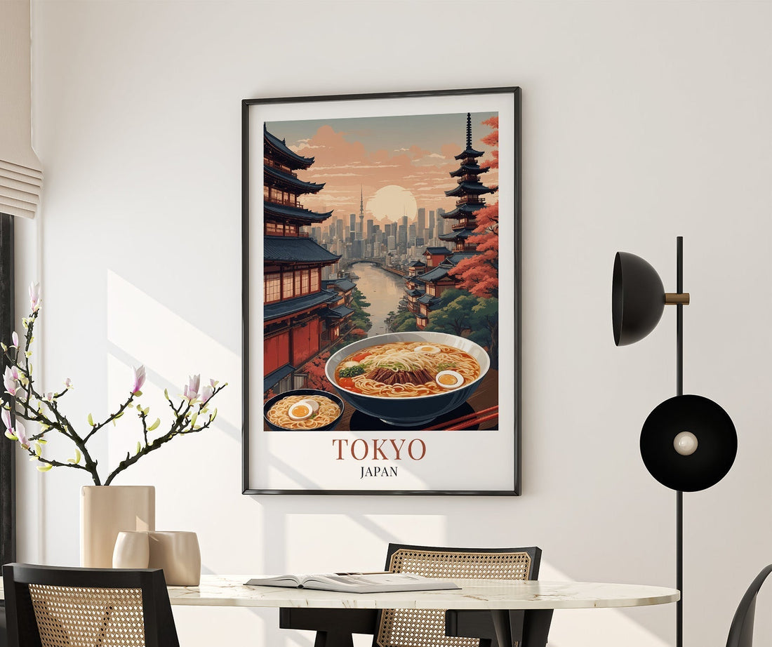 Tokyo Japan wall art poster with ramen bowl, skyline, and traditional pagoda decor