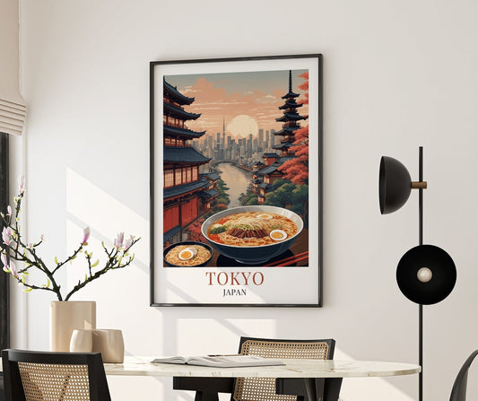 Tokyo Japan wall art poster with ramen bowl, skyline, and traditional pagoda decor
