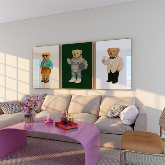 Modern living room with three teddy bear fashion posters, pastel sofa, and pink coffee table.