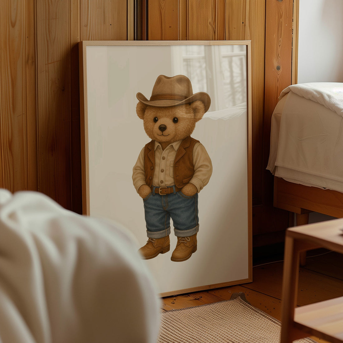 Framed cowboy teddy bear poster in cozy wooden bedroom, minimalist wall art for home decor
