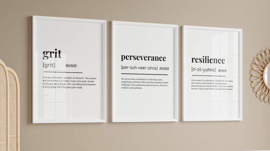 Minimalist wall art set of three framed posters with motivational definitions: grit, perseverance, resilience.