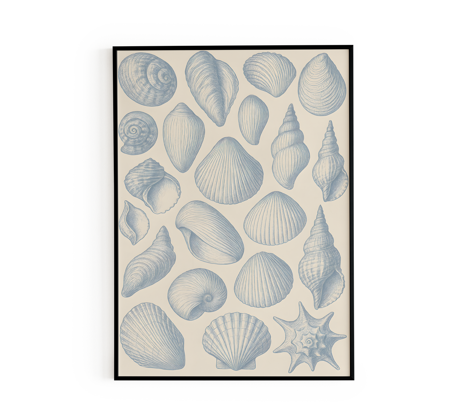 Blue abstract fan pattern wall art in wooden frame, minimalist interior decor