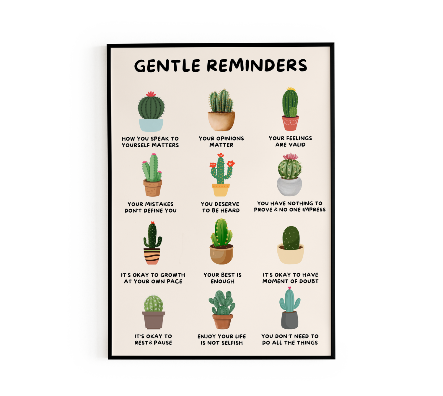 Framed motivational cactus wall art poster with gentle reminders in modern minimalist room.