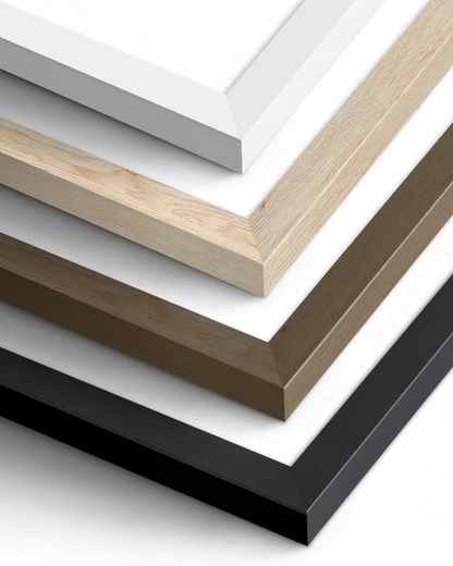 White, natural wood, walnut, and black minimalist poster frames stacked diagonally