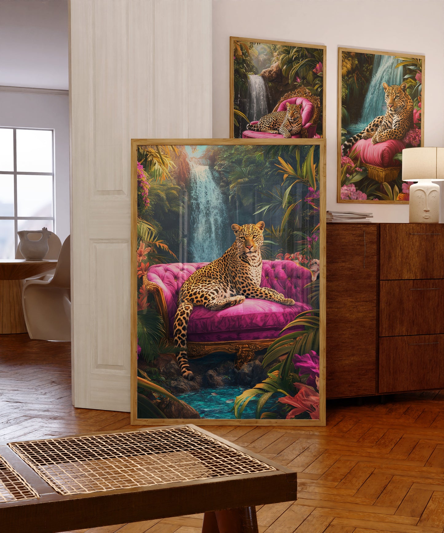 Framed artwork of a leopard on a pink chair with a waterfall in a living room setting.