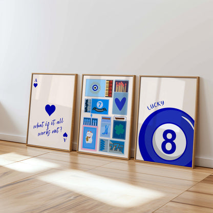 Vintage Blue Matchbox “Lucky You” Set of 3 — Digital Poster (B132)